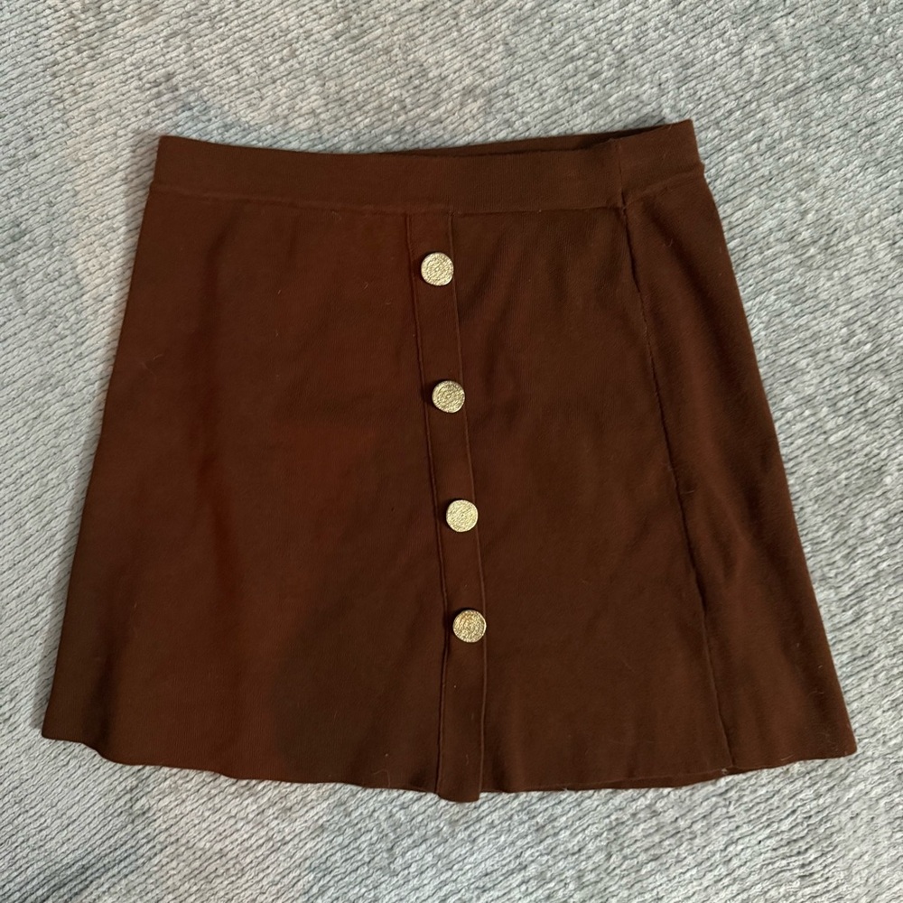 Zara Knit‎ Brown Mini Skirt with Gold Buttons Size M Fall Academia Classic
